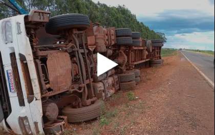 Carreta com gado tomba na MS-134 e dois animais morrem