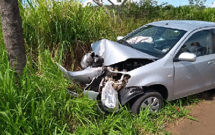 Carro bate em árvore e três pessoas ficam feridas