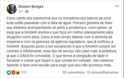 Dilador promete cobrar providências contra falta de água
