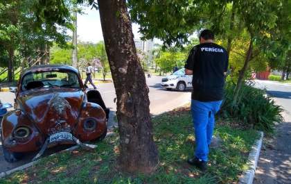Mulher perde controle após bater em carretinha e atinge árvore com Fusca