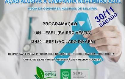 Roda de Conversa sobre prevenção do câncer de próstata será realizada neste sábado em Selvíria