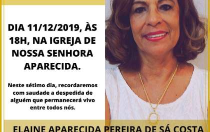Missa de 7º Dia da professora Elaine De Sá Costa será realizada hoje
