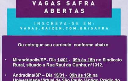 Parceria entre Governo de Andradina e Raízen recebe currículos no próximo dia 15