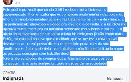 Internauta teve bicicleta furtada e não tem como levar o filho ao médico. Você tem uma bike para doar para ela?