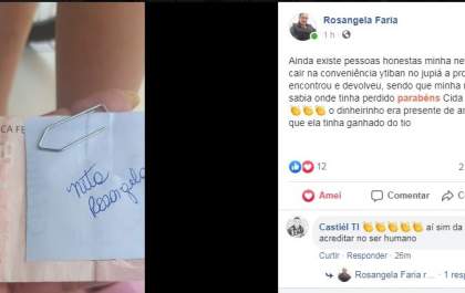 Menina ganha dinheiro de presente, perde, moradora do Júpia encontra e devolve