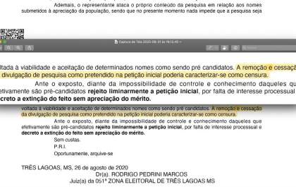 Justiça rejeita tentativa do Solidariedade de censurar pesquisa eleitoral  em Três Lagoas