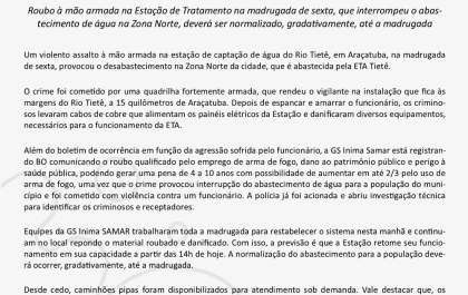 Abastecimento na ETA Tietê deve ser normalizado até as 14h desta sexta