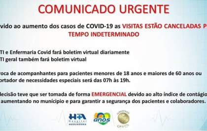 Com o aumento dos casos de Covid em Três Lagoas, hospital suspende as visitas por tempo indeterminado