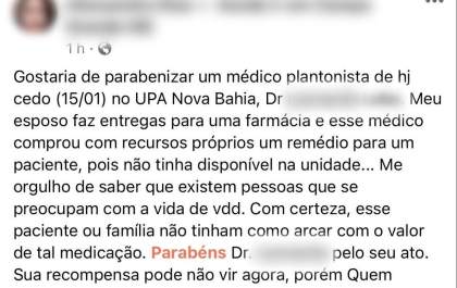 Post enaltecendo atitude de médico que comprou remédio para paciente, viraliza em rede social