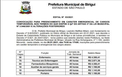Birigui abre 144 vagas na Saúde em caráter emergencial com salário de até R$ 4,3 mil