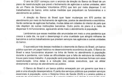 Sindicato dos Bancários divulga carta aberta à população sobre o fechamento de agências do Banco do Brasil