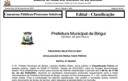 Prefeitura de Birigui publica resultado prévio de seleção para a Saúde