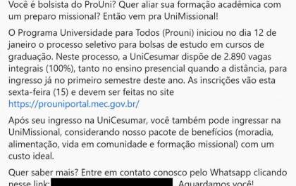 Com instituto de formação missionária controverso, UniCesumar recebeu mais de R$ 9 milhões em bolsas do Promube