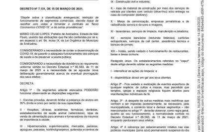 Prefeitura publica decreto municipal suspendo atendimento das atividades não essenciais
