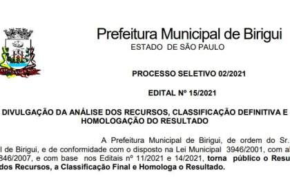 Birigui divulga resultado final do processo seletivo para auxiliar de serviços gerais