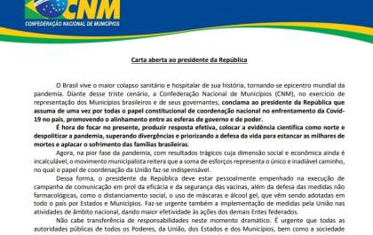 Confederação Nacional de Municípios cobra que Bolsonaro assuma combate à pandemia