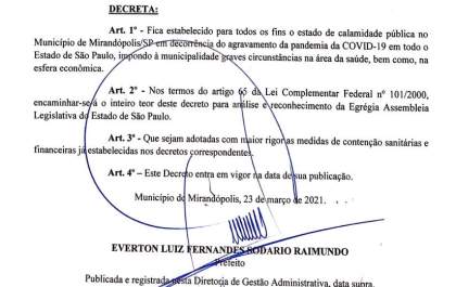 Prefeitura de Mirandópolis decreta estado de calamidade pública