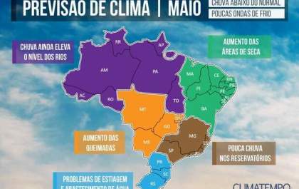 Previsão para o mês de maio é de chuvas abaixo da média
