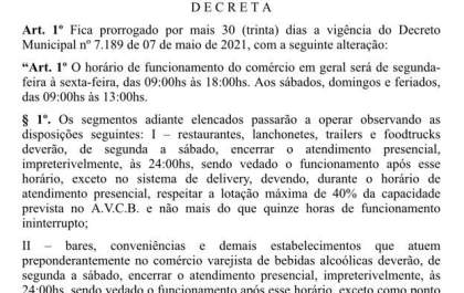 Novo decreto estende horário do comércio, bares e restaurantes