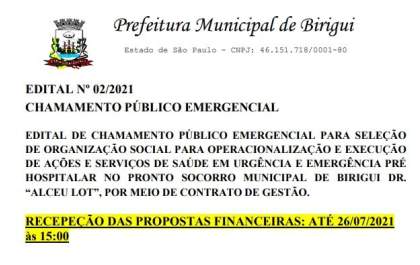 Prefeitura de Birigui faz ‘processo relâmpago’ para contratar gestora do pronto-socorro emergencialmente