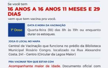 Pessoas com 16 anos devem estar acompanhadas de um responsável maior de idade para se vacinar contra Covid-19