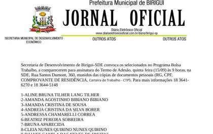Birigui divulga lista com selecionados para o programa Bolsa Trabalho