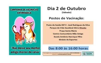Brasilândia promove vacinação antirrábica no próximo sábado (2)