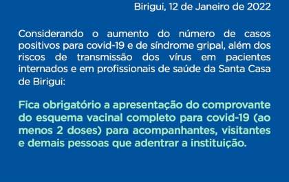 Santa Casa de Birigui exige comprovante de vacina para entrada em hospital