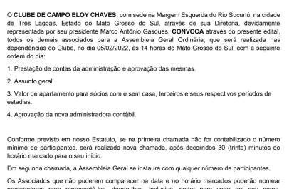 Clube de Campo Eloy Chaves convoca associados para Assembleia