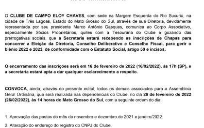 Clube de Campo Eloy Chaves convoca associados para inscrição de chapas para eleição da Diretoria