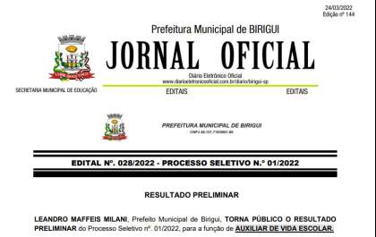 Prefeitura de Birigui publica resultado preliminar da seleção de auxiliar de vida escolar