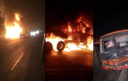 Carretas pegam fogo durante batida frontal na BR-262 entre Água Clara e Três Lagoas&nbsp;