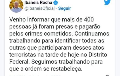 Mais de 400 pessoas foram detidas após invasões, segundo governador de Brasília