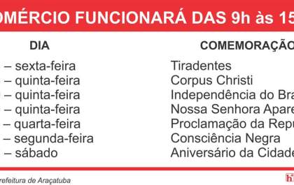 Confira as datas em que o comércio de Araçatuba poderá funcionar em horário especial