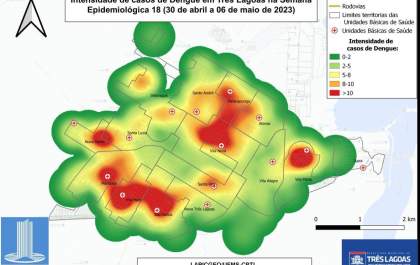Mapa revela incidência de casos de dengue em bairros de Três Lagoas