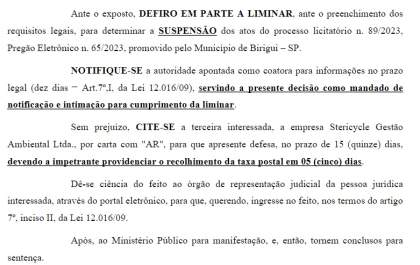 Justiça suspende licitação da Prefeitura de Birigui para coleta de lixo de Saúde
