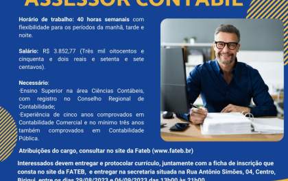 Fateb recebe currículos para vaga de Assessor Contábil