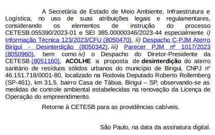 Cetesb acata pedido e libera utilização do aterro sanitário de Birigui