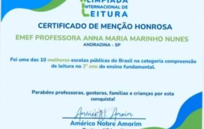 EMEF Prof. Anna Maria recebe certificado da Olimpíada Internacional de Leitura