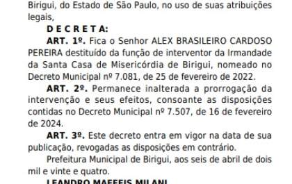 Publicação da destituição de interventor da Santa Casa de Birigui é alvo de polêmica
