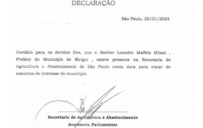 Secretaria de Agricultura do Estado reconhece declaração emitida ao prefeito de Birigui