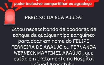 Campanha busca doação de sangue para casal