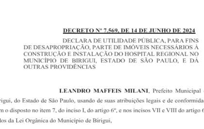 Prefeitura de Birigui publica desapropriação de área para Hospital Regional