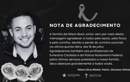 Nota de agradecimento da familia de Nilson Bock Júnior