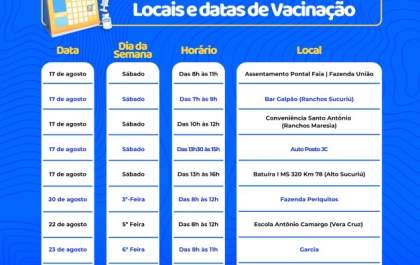 Campanha de Multivacinação Rural 2024 começa neste sábado (17) com cinco pontos de atendimento