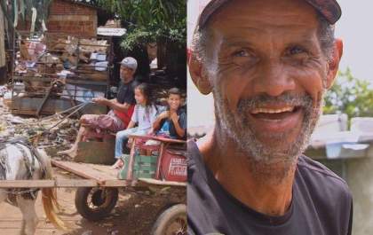 Pai percorre 3 km de carroça diariamente para garantir que seus filhos possam estudar