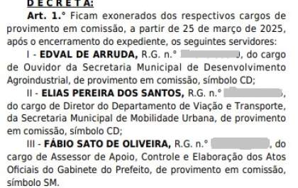 Prefeitura de Araçatuba exonera 3 servidores em cargos de comissão