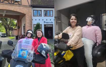Em viagem dos Namorados, mulher vai com “marido reborn” na garupa de MS a SC