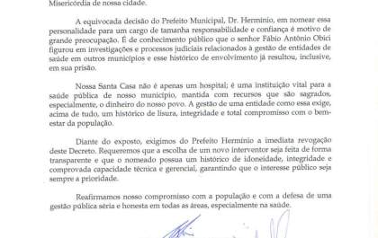 Câmara de Pereira Barreto repudia nomeação de interventor da Santa Casa e cobra revogação imediata