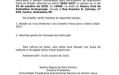 Comunidade Terapêutica Recanto do Senhor Jesus convoca associados para eleição da nova diretoria